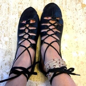 Gamba Black Leather Lace Up Flat Ballet Shoes NOS